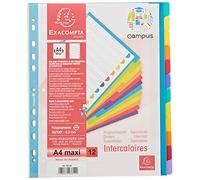 Exacompta - Réf. 3812E - Intercalaires en polypropylène rigide semi-opaques avec 12 onglets neutres Campus - Page d'indexation imprimable - Format à classer A4 maxi - Couleurs translucides