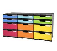 Exacompta - Réf. 385714TIRD - Set de 12 cases avec tiroirs : 6 cases haut. 5,6cm + 6 cases haut. 11 cm - Système de tri MODULODOC - Dimensions : 86,4 x 35,4 x 42,2 cm - Arlequin