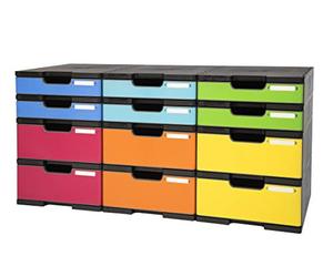 Exacompta - Réf. 385714TIRD - Set de 12 cases avec tiroirs : 6 cases haut. 5,6cm + 6 cases haut. 11 cm - Système de tri MODULODOC - Dimensions : 86,4 x 35,4 x 42,2 cm - Arlequin