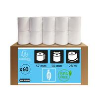 Exacompta - Réf. 40344E - Carton de 60 bobines pour tickets de carte bancaire - largeur 57 mm x diamètre 50 mm - mandrin 12 mm - 1 pli thermique 55g/m²- Métrage (+ ou - 2m) : 28 m - Blanc