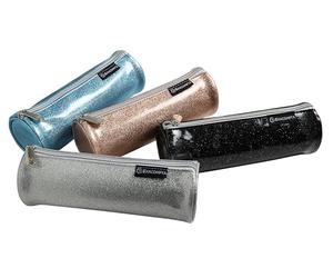 Exacompta - Réf. 52770E - Carton de 16 trousses rondes Glitter en PU simili cuir paillettes - doublée de polyester - dimensions 22,5 x 8 cm - couleurs bleu, gris, noir, nude