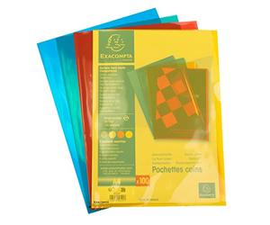 Exacompta - Réf. 56121E - Sachet de 100 pochettes coins - En polypropylène lisse qualité supérieure - Epaisseur ultra épaisse 12/100ème - Format à classer A4-4 couleurs assorties