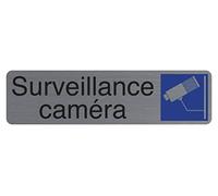 Exacompta - Réf. 67153E - 1 plaque de porte adhésive Surveillance caméra - Plaque murale imprimée de signalisation - Sur tous supports - Aspect aluminium brossé - Dimensions : 16,5 x 4,4 cm