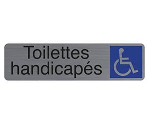 Exacompta - Réf. 67164E - 1 plaque de porte adhésive Toilettes handicapés - Plaque murale imprimée de signalisation - Sur tous supports - Aspect aluminium brossé - Dimensions : 16,5 x 4,4 cm