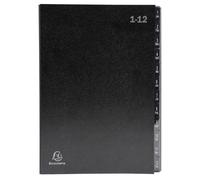 Exacompta Trieur Ordonator Réf. 57012E – A4, 12 compartiments, onglets 1–12, couverture rigide noir