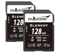 Exascend Element Lot de 2 cartes mémoire SD V30 128 Go Ultra HD 4K Vidéo haute vitesse SDXC Mode rafale 100 Mo/s en lecture, 80 Mo/s en écriture, UHS-I, Classe 10, U3, V30, 128 Go
