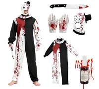 exatta 5 Pièces Deguisement Halloween Horreur, Masque de Clown Terrifier avec Mini Chapeau, Gants Sanglants, Costume Terrifier Adulte, Art the Clown Costume, pour Killer Clown Role Player