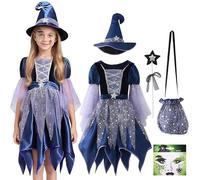 exatta Déguisement d'Halloween Sorciere Enfant pour Fille, Kit Sorciere Robe avec Robe, Chapeau,Canne,Sac de Bonbons, Autocollant pour le Visage,pour Halloween Carnaval, pour Fille 6 à 7 Ans, 120cm