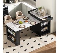 Exble Table îlot de cuisine blanche avec plateau amovible Table de bar à roulettes avec plusieurs sorties Table de salle à manger polyvalente et Credenza pour espaces modernes