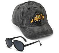 Excavatrice Casquette de Baseball pour Enfant, 2PCS Chapeau de Soleil et Lunettes de Soleil Animé Cap Broderie de Baseball Casquette de Camionneur Vintage Réglable Chapeau Visière pour Enfant (Noir)