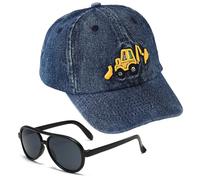 Excavatrice Casquette de Baseball pour Enfant, 2PCS Chapeau de Soleil et Lunettes de Soleil Casquette de Camionneur Vintage Réglable Chapeau Visière Animé Cap Broderie de Baseball pour Enfant (Bleu)