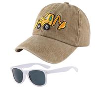 Excavatrice Casquette de Baseball pour Enfant, 2PCS Chapeau de Soleil et Lunettes de Soleil Casquette de Camionneur Vintage Réglable Chapeau Visière Animé Cap Broderie de Baseball pour Enfant (Kaki)