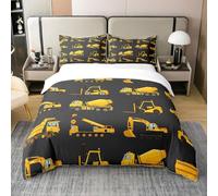 Excavatrice de Dessin Animé Coton Housse de Couette 220x240,Bétonnière Jaune Parure de Lit,pour Enfants,Ensemble de Literie de Véhicule de Construction,Chariot Élévateur de Grue Couvre Lit,Noir