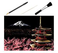 EXCEART Kit De Peinture À Gratter 4 Pièces - Paysage Nocturne du Mont Fuji avec Outils De Grattage en Bambou Stylo Plaqué Or Et Brosse pour Loisirs Créatifs Et Décoration Artistique
