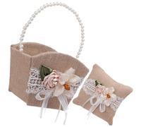 EXCEART Panier de Demoiselle D'honneur Mariage Style Rustique en Lin Kaki Poignée Perle, Coussin Bague Décoré de Fleurs Artificielles pour Cérémonie