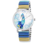 Excellanc Montre à quartz pour femme, bracelet en acier inoxydable, 36 mm, motif paon bleu/jaune, cadran blanc