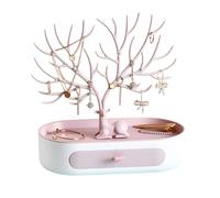 EXCELLENCEHOME Porte Bijoux Presentoir, Rangement Bijoux Tiroir Organiseur, en Forme de Cerf, Support à Branches, 9.84×6.69×3.35inch,(Pink+powderplate)
