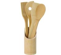 Excellent Houseware Cuillère en Bois/Couverts Set d'ustensiles de Cuisine en Bambou 5 pièces avec Trou Cuillère spatule Palette Spatule et Ronde Panier