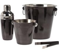 Excellent Houseware Set de Bar, Set de Cocktail - 4 pièces - Shaker à cocktail, Seau à vin, Seau à glace, Pince à glace - Noir - Acier inoxydable