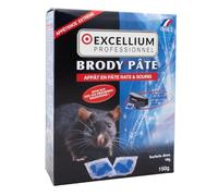 EXCELLIUM Brody’Pâte - Appât en pâte rats & souris - prêt à l’emploi - intérieur/extérieur autour des bâtiments (rats) - caves, garages, entrepôts - sachets 10 g - boîte 150 g - poste souris inclus