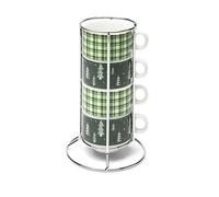 Excelsa Green Winter Lot de 4 tasses à café, en porcelaine avec motif tartan et sapins, support métallique empilable