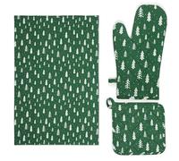 Excelsa Green Winter Set torchon et Gant de Four, 3 pièces en Coton Vert avec Motif Sapin Blanc, avec torchon 50 x 70 cm, manique 20 x 20 cm et Gant Four, Collection de Noël