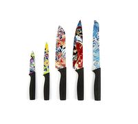 Excelsa Kimono Lot de 5 couteaux de cuisine, design oriental, poignées ergonomiques noires, lames décorées