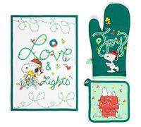 Excelsa Peanuts Shiny and Bright Set de Cuisine de Noël, torchon 50 x 70 cm avec Gant Four et manique, Vert, 100% Coton