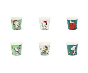 Excelsa Peanuts Shiny & Bright Lot de 6 verres à café Espresso, porcelaine New Bone China, vert et blanc, décorés avec Snoopy de Noël, 6 x 6 cm, 90 ml