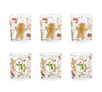 Excelsa Wonderful Ginger Lot de 6 verres à eau, verre décoré de Noël, bonhomme de neige et biscuit gingembre, 250 ml, 7,5 x 8,5 cm