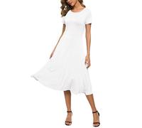 EXCHIC Femme Décontractée Solide Extensible Col Rond Midi Robe Élégant Manche Courte Une Ligne Robes(XL, Blanc)