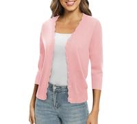 EXCHIC Femmes Daily 3/4 Manches Bouton Down Pulls Col en V Couleur Unie élastique Léger Mince Tricot Cardigan(S, Rose)