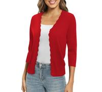 EXCHIC Femmes Daily 3/4 Manches Bouton Down Pulls Col en V Couleur Unie élastique Léger Mince Tricot Cardigan(L, Rouge)