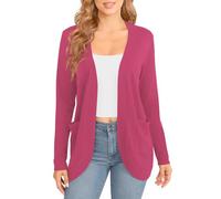 EXCHIC Femmes élégant Léger Manches Longues Cardigan Ourlet Incurvé Front Ouvert Jersey Tricot Pulls avec Poches(L, Rose Rouge)