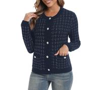 EXCHIC Femmes Élégant Slim Fit Manches Longues Ouvert Court Cardigan Pull Col Rond Boutonné Tricot Gilets avec Poches(S, Bleu Marine)