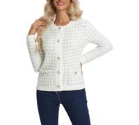 EXCHIC Femmes Élégant Slim Fit Manches Longues Ouvert Court Cardigan Pull Col Rond Boutonné Tricot Gilets avec Poches(L, Blanc)