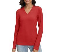 EXCHIC Femmes Essentials Slim-Fit élastique Chandail Pulls Col en V Classique Manches Longues Pull en Tricot Sweatshirts(XL, Rouge)