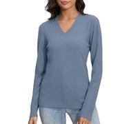 EXCHIC Femmes Essentials Slim-Fit élastique Chandail Pulls Col en V Classique Manches Longues Pull en Tricot Sweatshirts(M, Pierre Bleu)