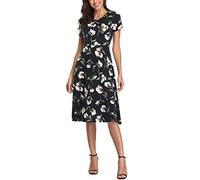 EXCHIC Femmes Fleurs Imprimé Manche Courte Midi Robe Col Rond Longueur Genou Taille Haute Elastique Robe(M, 8)