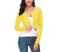 EXCHIC Femmes Manches Longues Bolero Court Cardigan Collier Rond Tricot Gilets Sweaters avec Boutons (M, Jaune Citron)