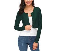 EXCHIC Femmes Manches Longues Bolero Court Cardigan Collier Rond Tricot Gilets Sweaters avec Boutons (S, Vert foncé)