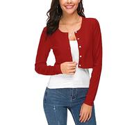 EXCHIC Femmes Manches Longues Bolero Court Cardigan Collier Rond Tricot Gilets Sweaters avec Boutons (M, Rouge)