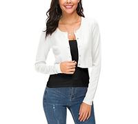 EXCHIC Femmes Manches Longues Bolero Court Cardigan Collier Rond Tricot Gilets Sweaters avec Boutons (S, Blanc)
