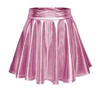 EXCHIC Femmes Métallisée Shiny Taille élastique Mini Jupe élégante A-Ligne Patineur Jupe(S, Rose)