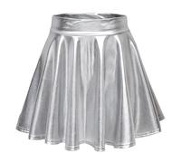 EXCHIC Femmes Métallisée Shiny Taille élastique Mini Jupe élégante A-Ligne Patineur Jupe(XL, Argent)