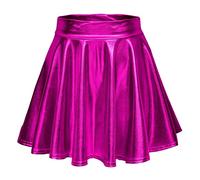 EXCHIC Femmes Métallisée Shiny Taille élastique Mini Jupe élégante A-Ligne Patineur Jupe(XS, Rose Rouge)