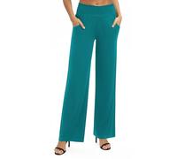 EXCHIC Femmes Solide Ample Jambe Droite Palazzo Pantalon Taille Haute Extensible Décontractés Pantalon avec Poches(S, Vert Bleu)