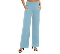 EXCHIC Femmes Solide Ample Jambe Droite Palazzo Pantalon Taille Haute Extensible Décontractés Pantalon avec Poches(M, Bleu Clair)