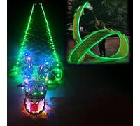 EXCLURA Cerf Volant Ensemble de Poi Dragon LED pour la Danse du Dragon Lumineuse, 8 m/10 m, Ruban Soyeux + Tête de Dragon + Corde pour Balancer + Sac de Transport(Green,8 m (26 ft))