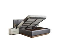 Exclusif gris-blanc ensemble de chambre à coucher lit rembourré 2x tables de chevet